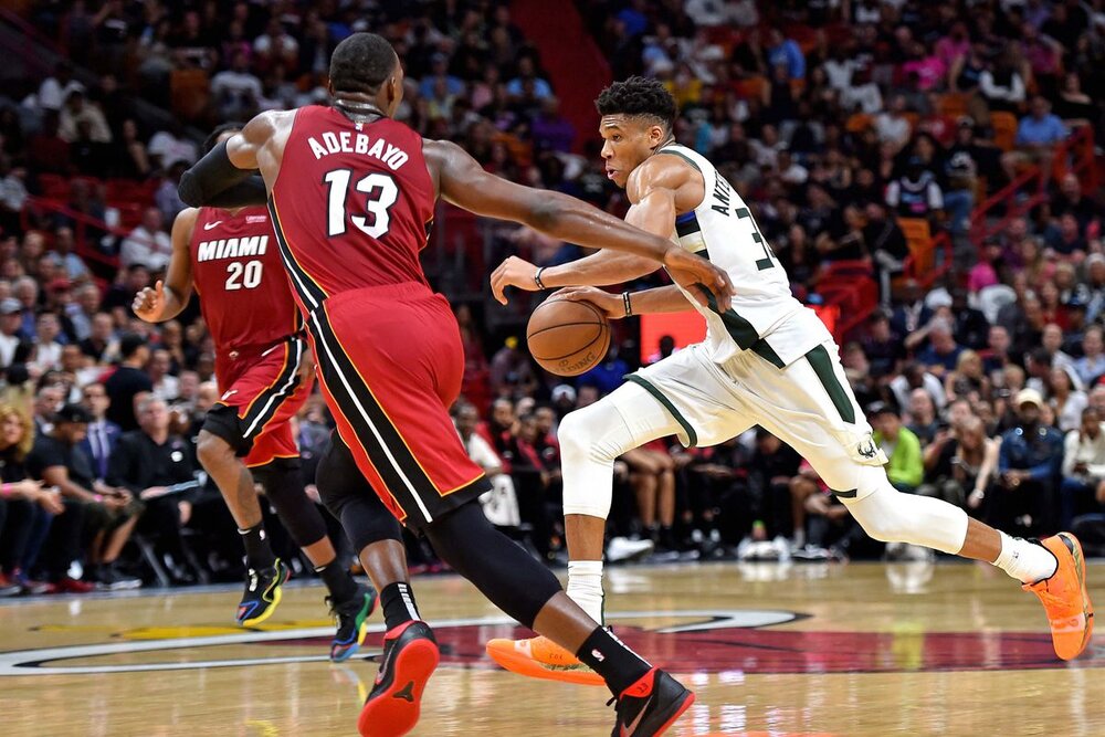 Giannis Antetokounmpo and Bam Adebayo will duke it out in the Eastern Conference Semifinals. (Photo by Steve Mitchell/USA TODAY Sports)