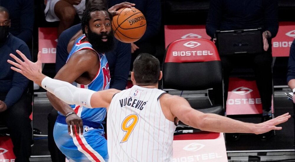 James Harden making a play during his first game as a member of the Brooklyn Nets. (Photo by Mary Altaffer/AP)