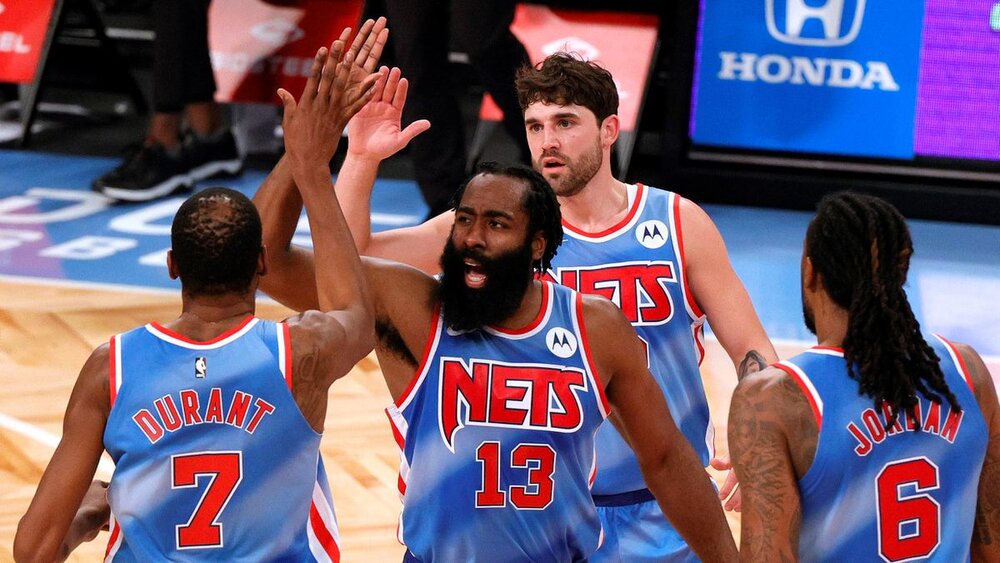 Harden and Durant led the Nets to their fourth consecutive win. (Photo via Daily News)