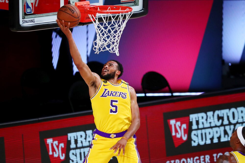 Talen Horton-Tucker tallied 4 steals in the Lakers’ win over the Rockets. (Photo by Kim Klement/Getty Images)