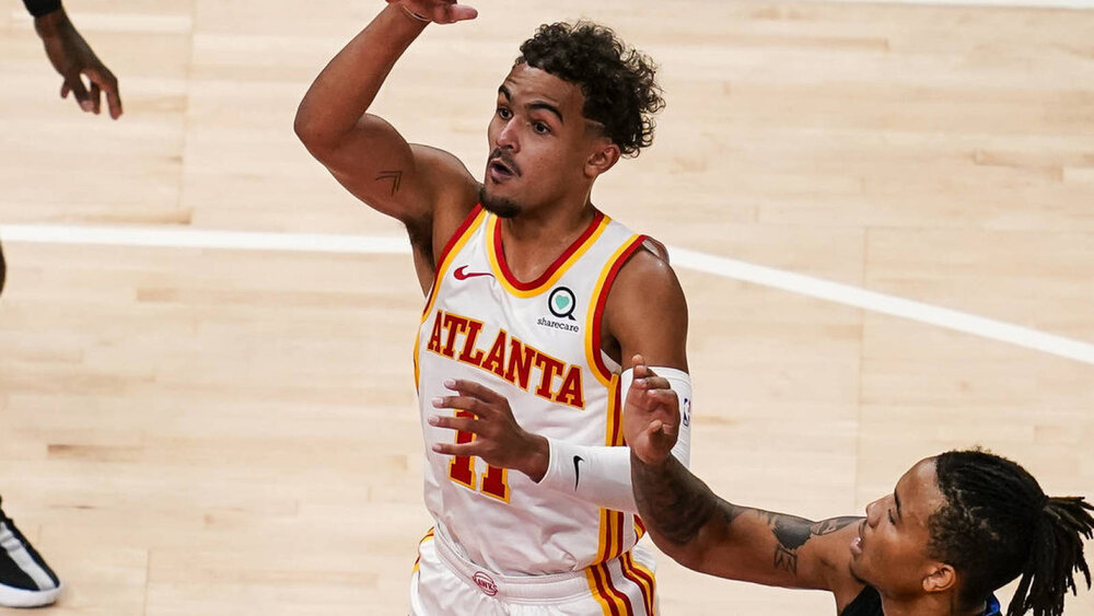 Hawks’ Trae Young scored 29 points in the win against the Pistons. (Photo by Dale Zanine/USA TODAY Sports)