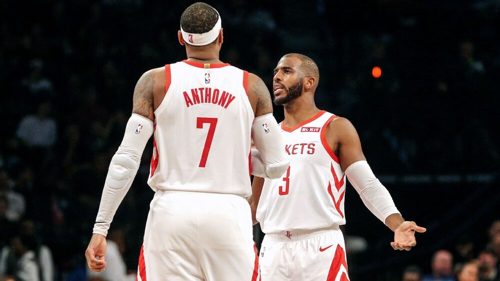 Chris Paul and Carmelo Anthony during their brief time together in Houston. (Photo via ABC13)