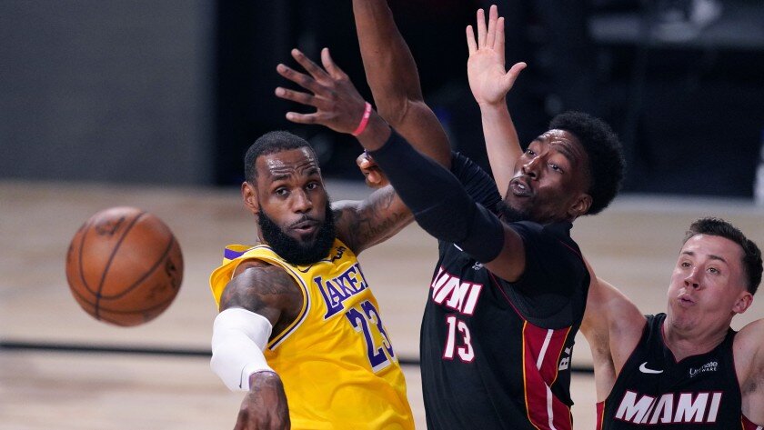 LeBron James and Bam Adebayo during the 2020 NBA Finals. (Mark J. Terrill/AP)