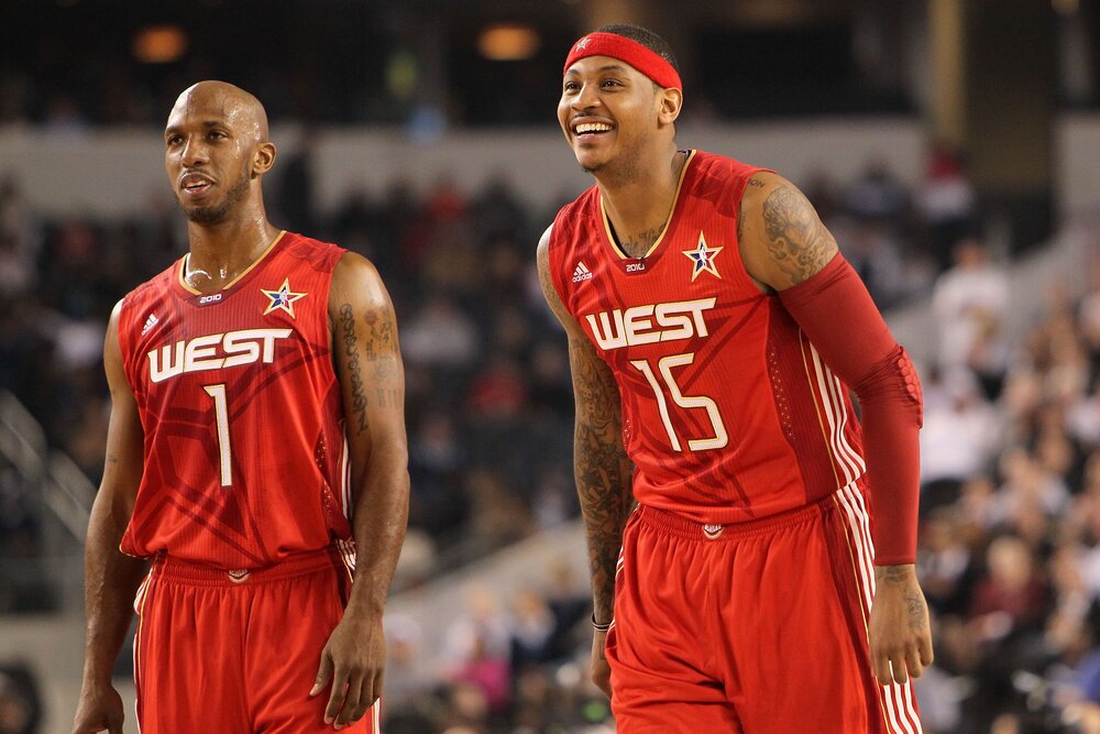 Carmelo Anthony having fun with former Denver Nuggets teammate Chauncey Billups. (Photo by Doug Pensinger/Getty Images)