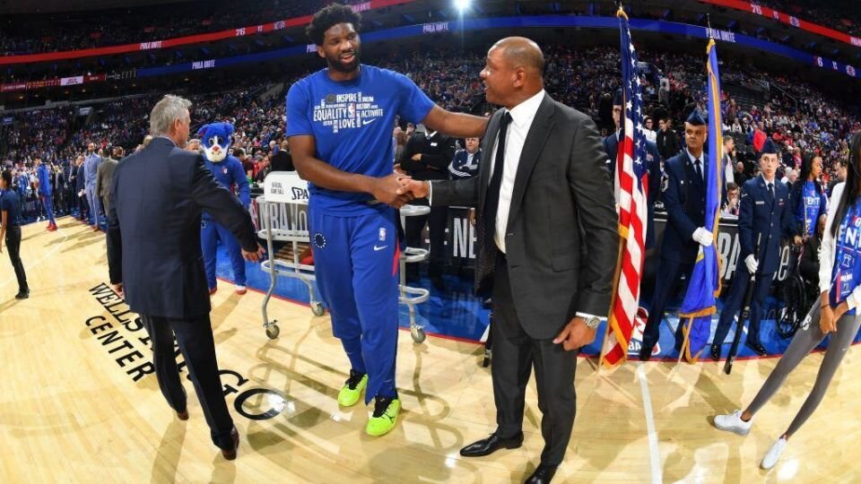 Doc Rivers and Joel Embiid will forge a partnership to bring the 76ers to greater heights. (Photo via Yahoo Sports)