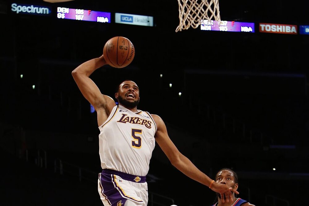 Lakers’ Horton-Tucker goes for a breakaway dunk against the Clippers. (Photo by Jim Poorten/NBAE/Getty Images)